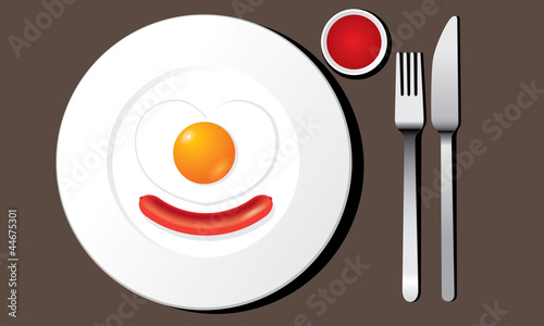 Fried egg heart shape and sausage vector on white plate