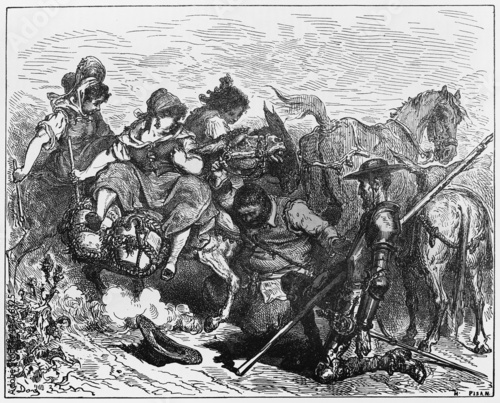 Fotografija Sancho and Don Quijote with the three villagers