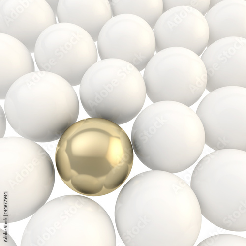 Shiny golden sphere surrounded with white spheres