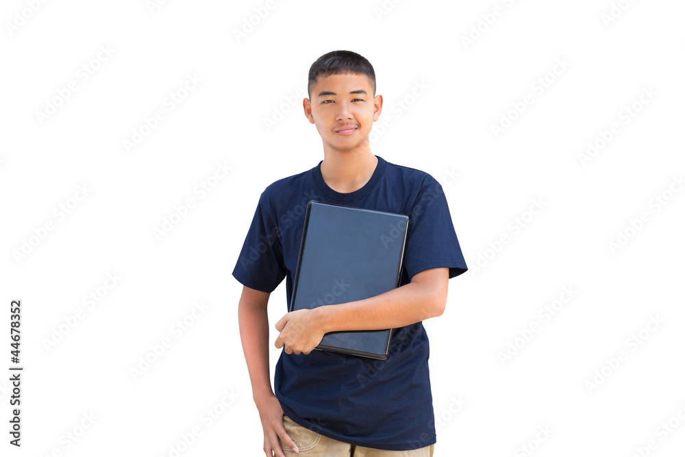 Teenager boy hugging laptop computer Teenager boy hugging laptop computer