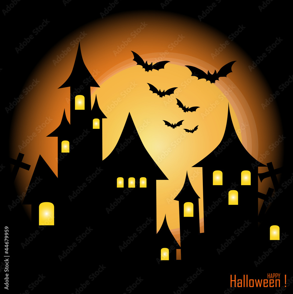 Halloween background with haunted house, bats and full moon, vec
