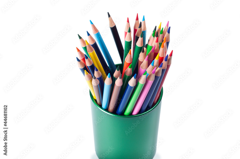 pencils in green holder isolated on white pencils in green holder isolated on white
