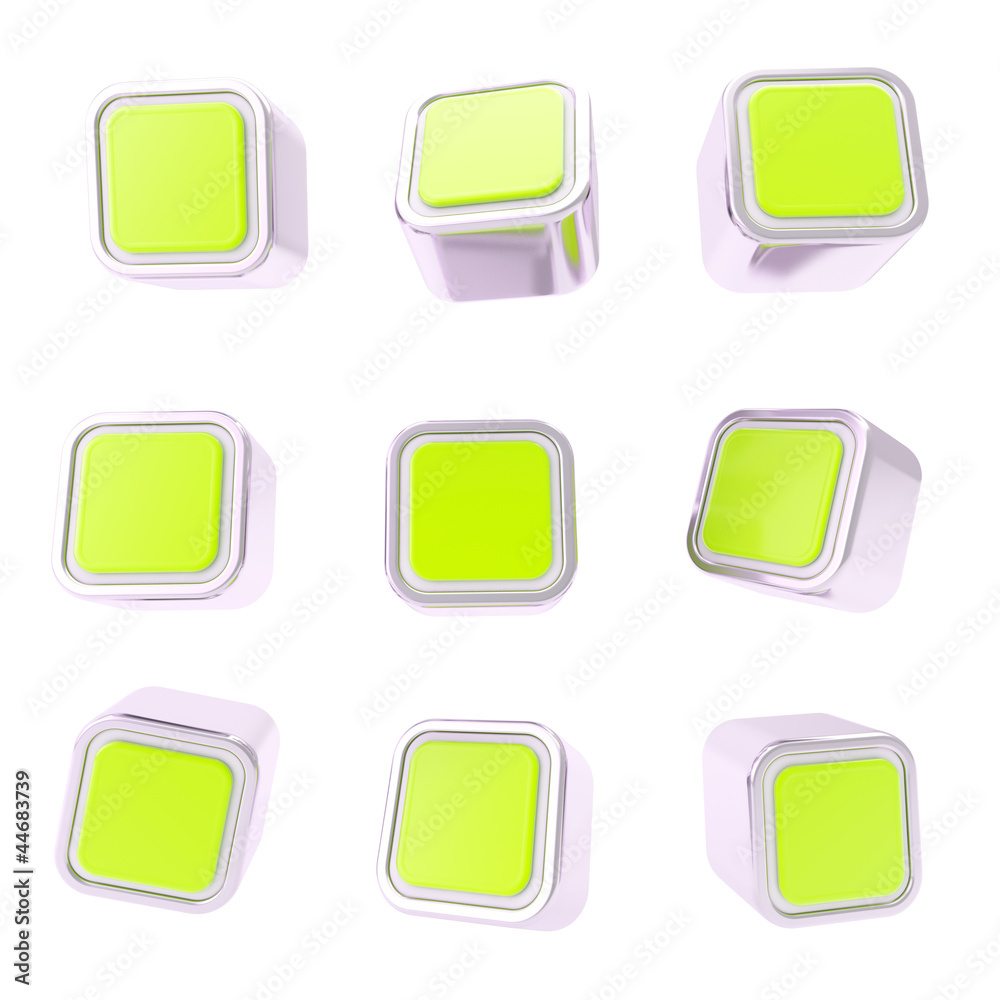 Cubic square buttons, set of nine isolated on white Cubic square buttons, set of nine isolated on white