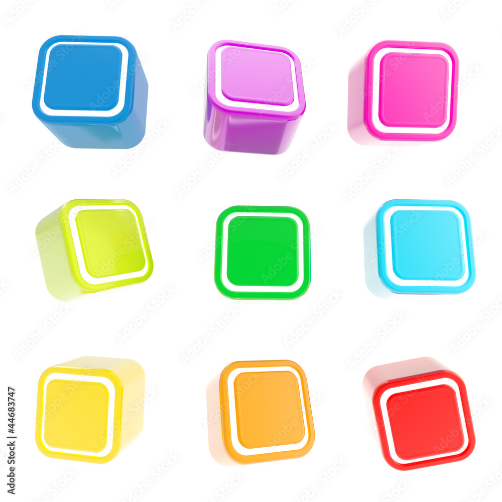 Cubic square buttons, set of nine isolated on white Cubic square buttons, set of nine isolated on white
