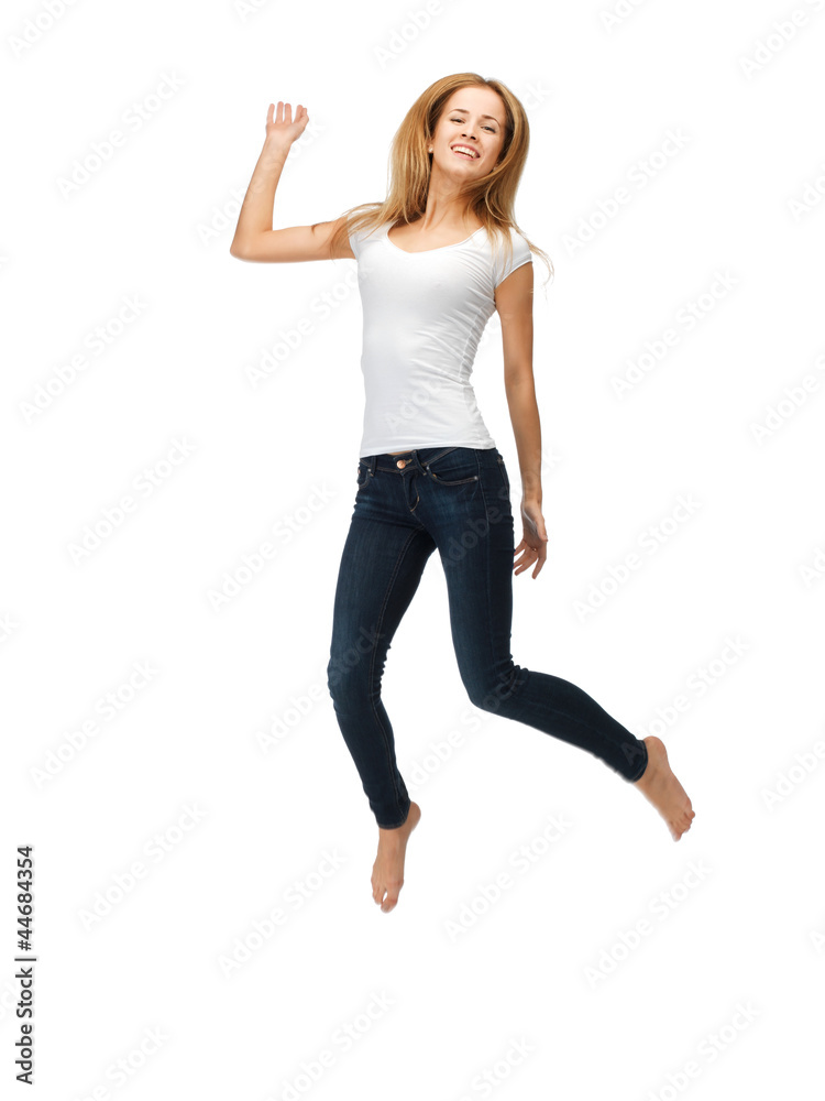 jumping teenage girl in blank white t-shirt