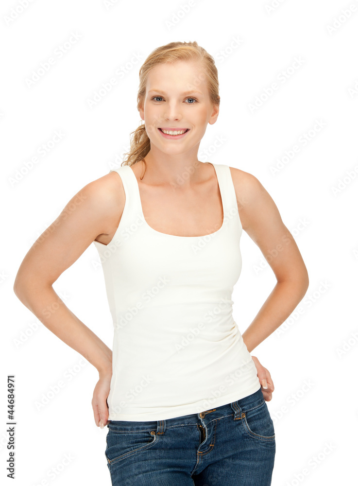 smiling teenage girl in blank white t-shirt smiling teenage girl in blank white t-shirt