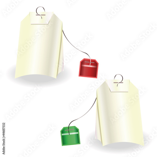 Set of tea bags with red and green labels