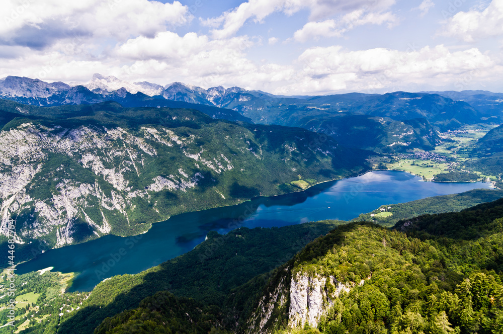 Lake Bohinj and its surrounding southern Alps mountains