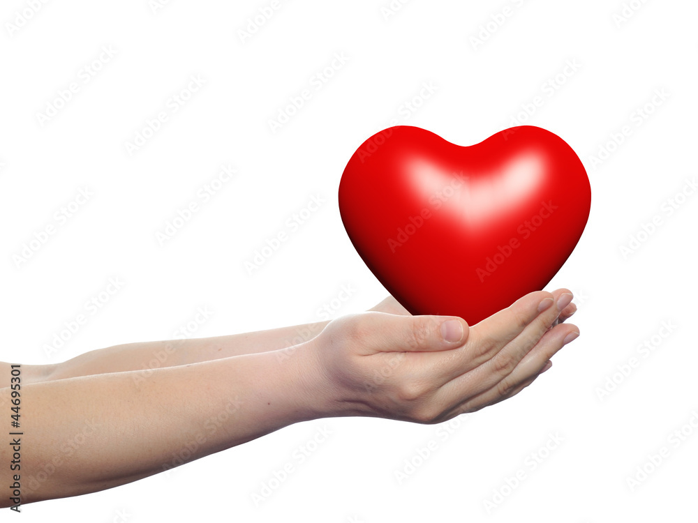 3D red heart held in hands by an adult male 3D red heart held in hands by an adult male