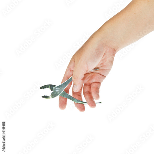 Plier with hand isolated on white background
