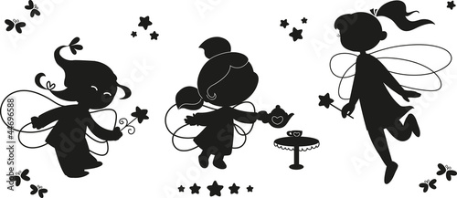 Bilde på lerret 3 fairy ladies flying with magic wands. Black silhouettes.