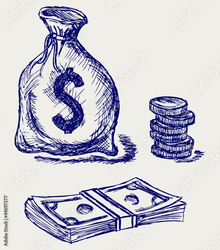 Moneybag and coin. Doodle style