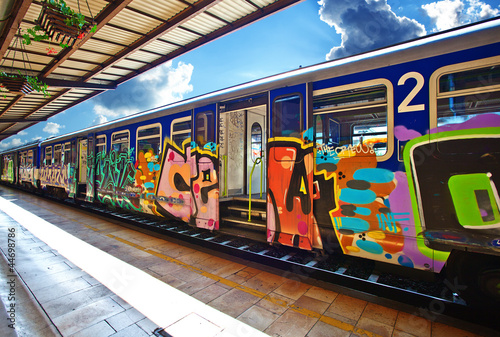 train with graffiti at the station. Zagreb.