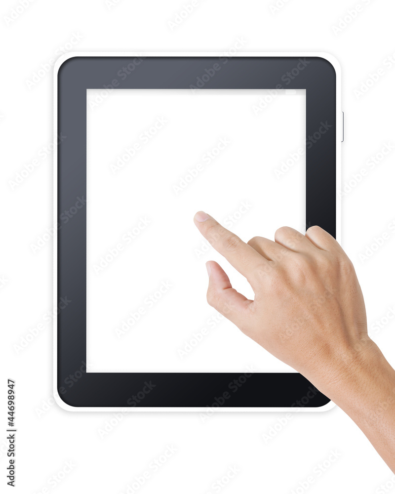 Man hand touching screen on modern digital tablet pc Man hand touching screen on modern digital tablet pc