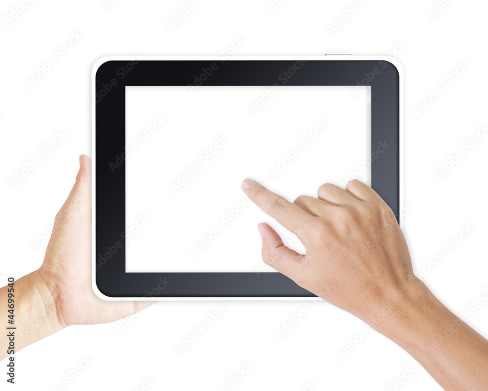 Man hand touching screen on modern digital tablet pc Man hand touching screen on modern digital tablet pc