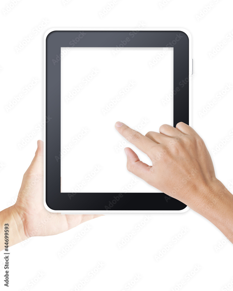 Man hand touching screen on modern digital tablet pc Man hand touching screen on modern digital tablet pc