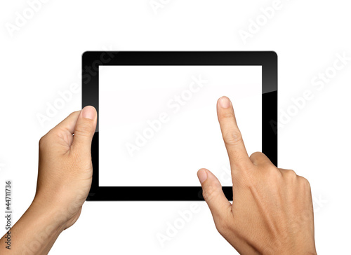 hands are holding and point on Tablet PC Isolated on white backg