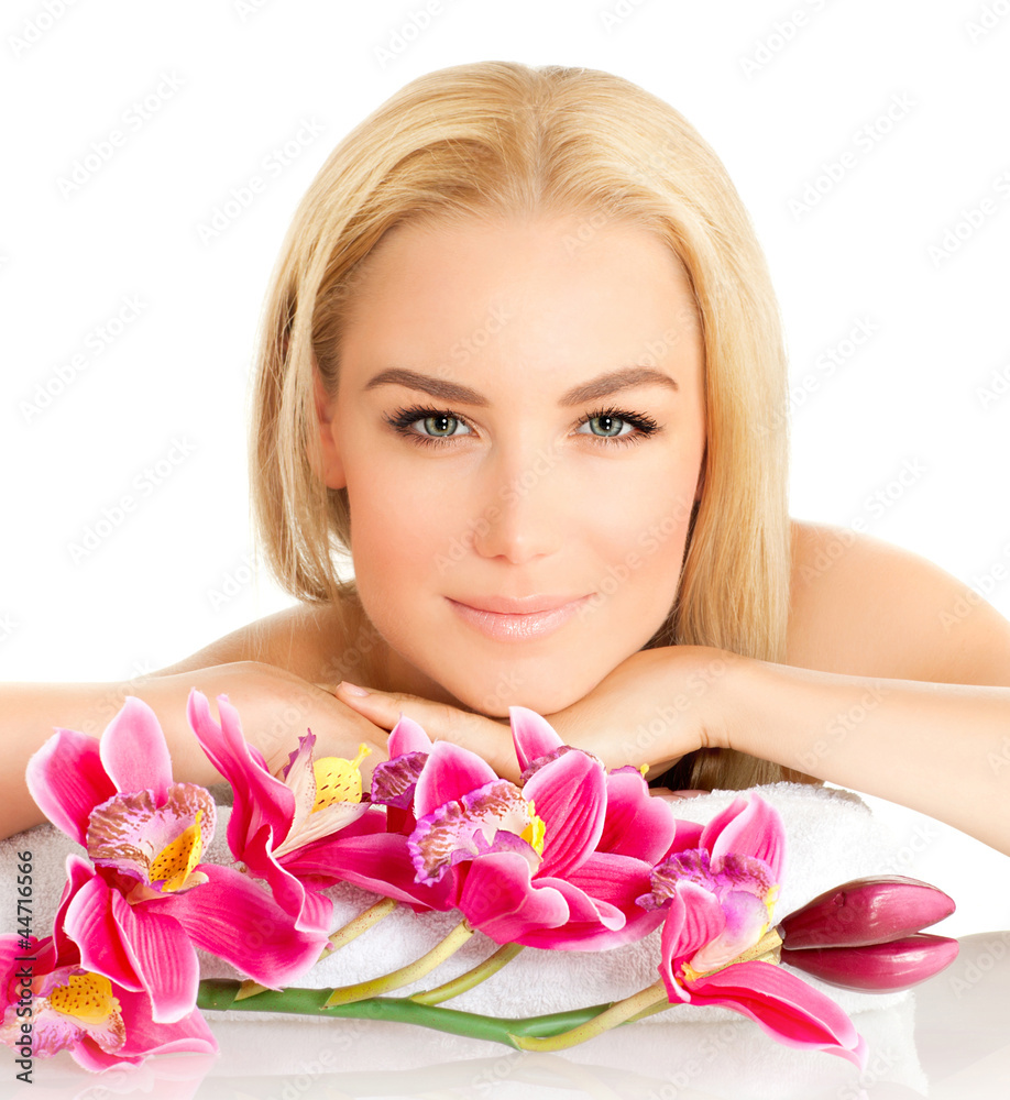 Female with pink orchid flower