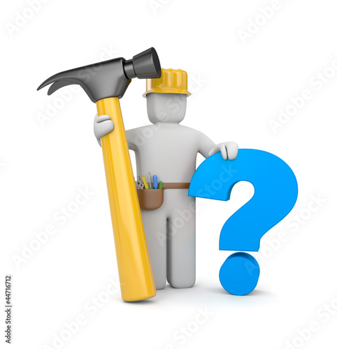 Fototapeta Naklejka Na Ścianę i Meble -  3d worker with hammer and question