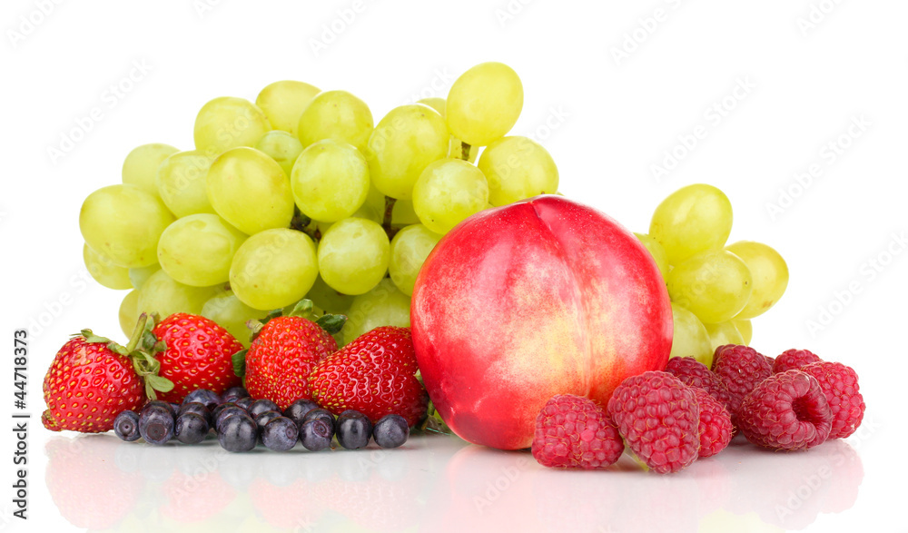 Mix of ripe sweet fruits and berries isolated on white Mix of ripe sweet fruits and berries isolated on white