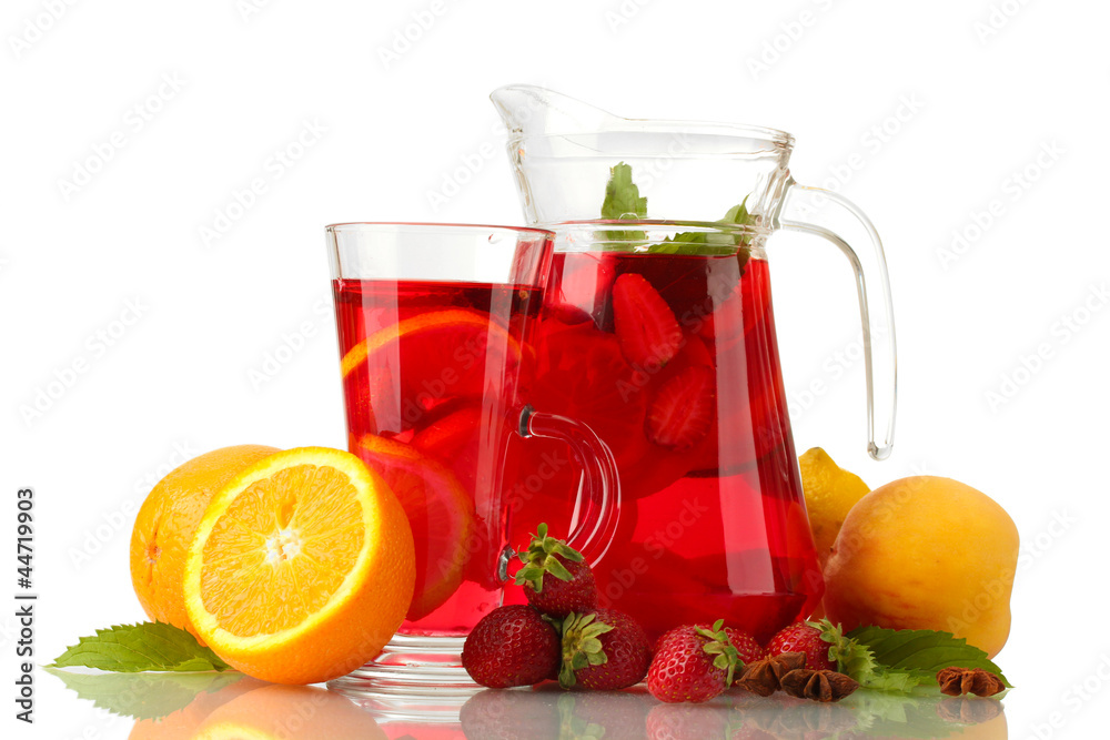 sangria in jar and glass with fruits, isolated on white
