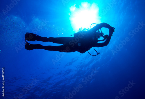 Silhouette of diver with sun disk behind