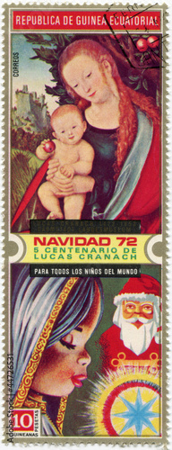 Madonna with Jesus child on postage stamp, circa 1971