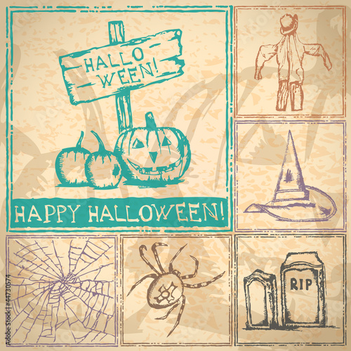 Collection of hand drawn Halloween symbols on grunge background