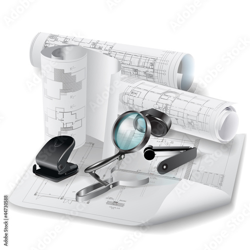 Architectural background with rolls of drawings