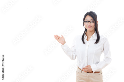 a young businesswoman showing on white background