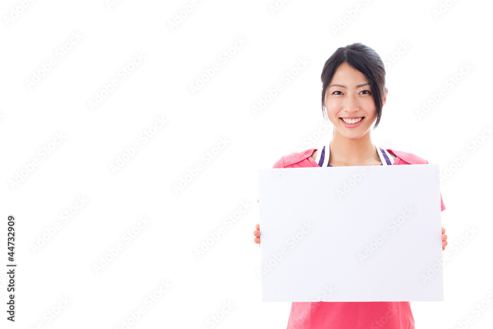 a beautiful asian woman showing blank whiteboard a beautiful asian woman showing blank whiteboard