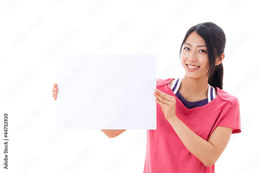 a beautiful asian woman showing blank whiteboard a beautiful asian woman showing blank whiteboard
