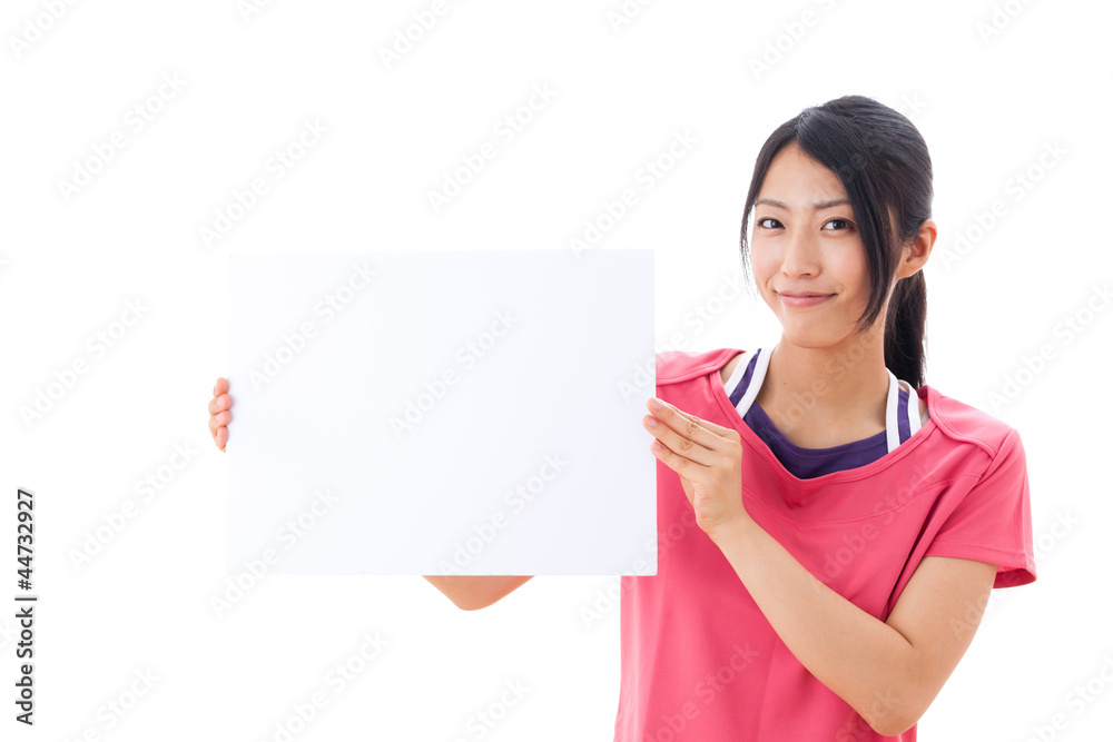 a beautiful asian woman showing blank whiteboard a beautiful asian woman showing blank whiteboard