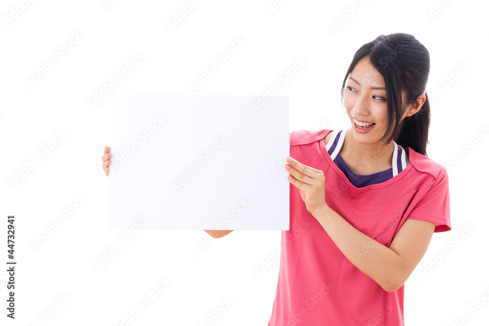 a beautiful asian woman showing blank whiteboard a beautiful asian woman showing blank whiteboard