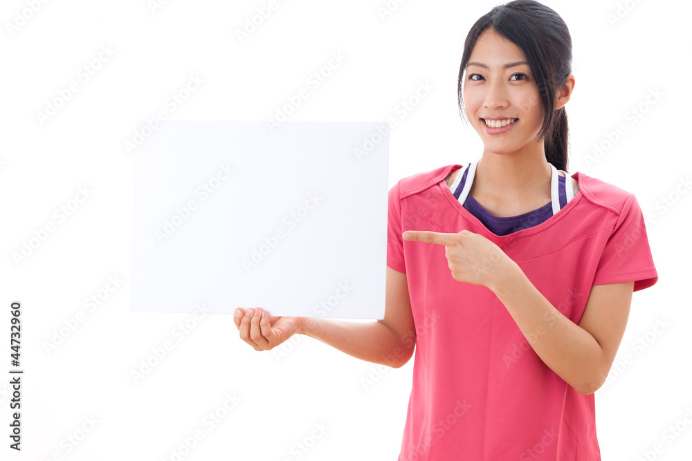 a beautiful asian woman showing blank whiteboard a beautiful asian woman showing blank whiteboard