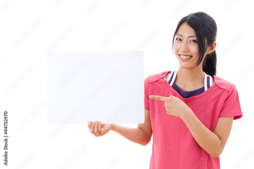 a beautiful asian woman showing blank whiteboard a beautiful asian woman showing blank whiteboard