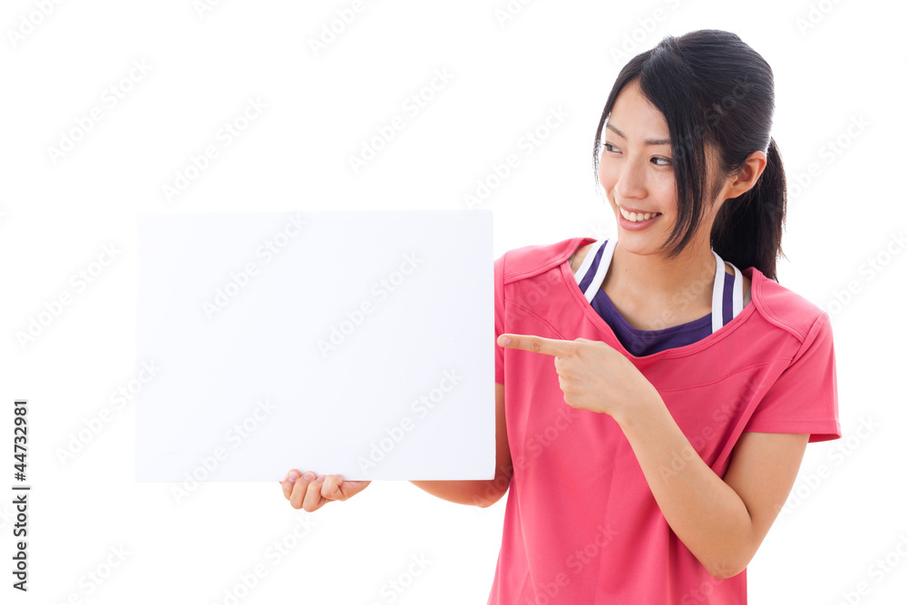 a beautiful asian woman showing blank whiteboard a beautiful asian woman showing blank whiteboard