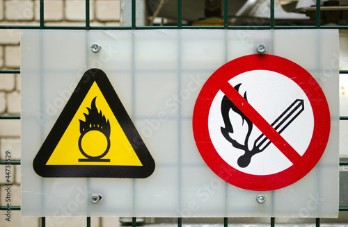 Fire warning signs compressed oxygen gas cylinders photo