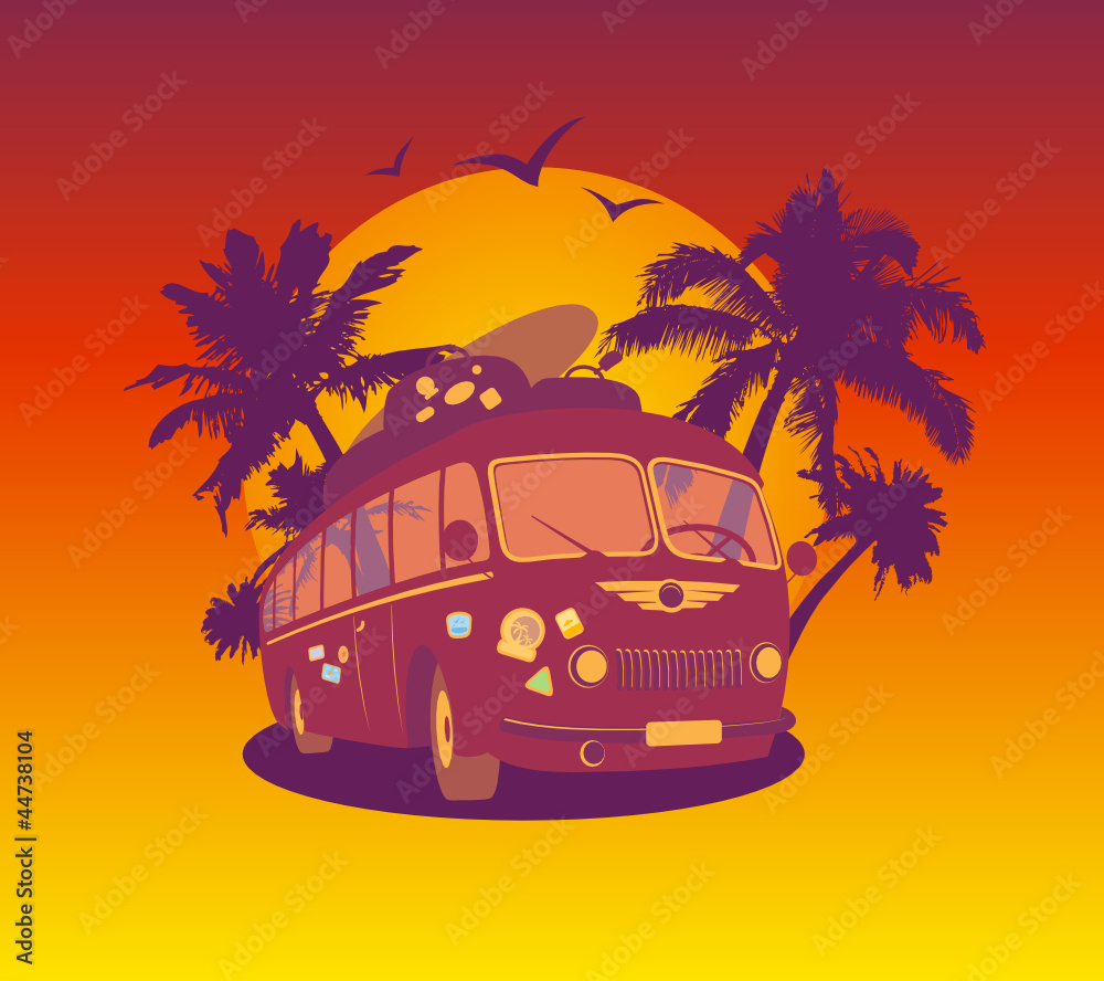 Fashion design template with retro bus and tropical view