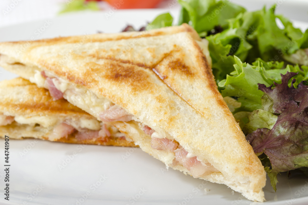 Bacon & Cheese Toastie served with salad. Close up.