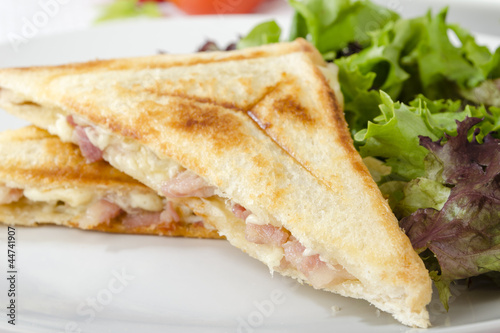 Bacon & Cheese Toastie served with salad. Close up.