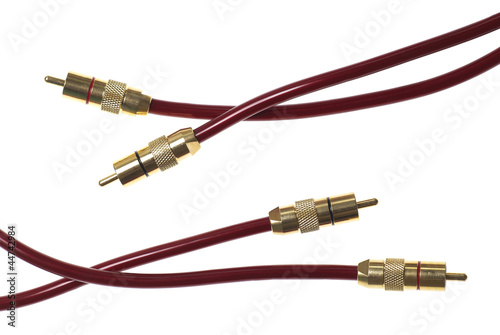 Dark red audio cables isolated on white background