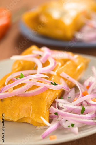 Peruvian tamales made of corn and chicken with salsa criolla