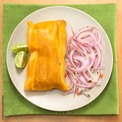 Fotografi Peruvian tamale made of corn and chicken with salsa criolla