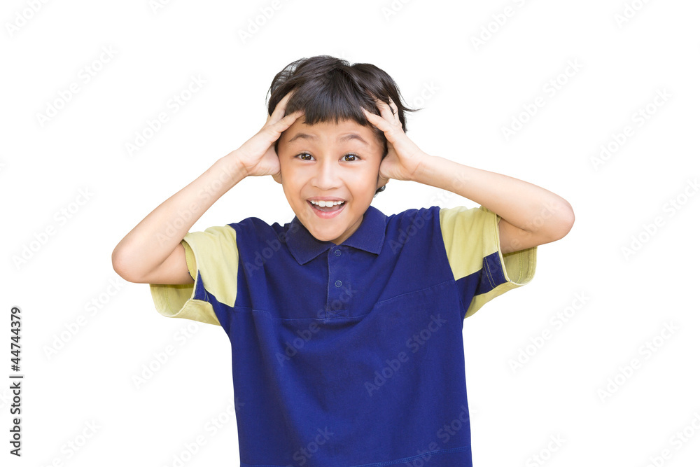 Portrait of shocked little boy with hands on head Portrait of shocked little boy with hands on head
