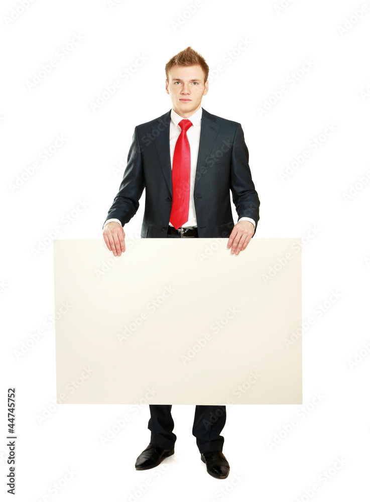 A business man with an empty blank, isolated on white background A business man with an empty blank, isolated on white background