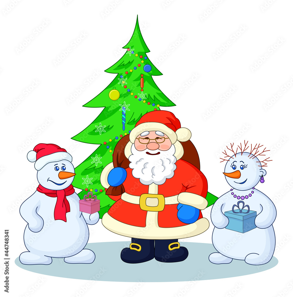 Santa Claus, Christmas tree and snowmans