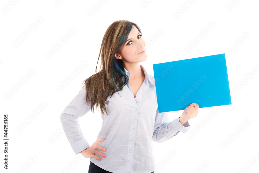 Portrait of an attractive smiling woman with blank board Portrait of an attractive smiling woman with blank board
