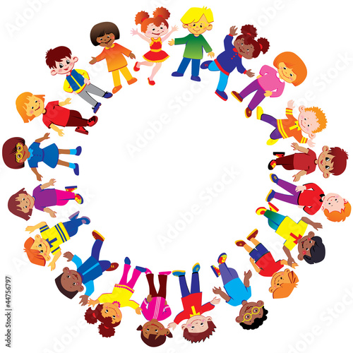 Happy kids of different nationalities play together.
