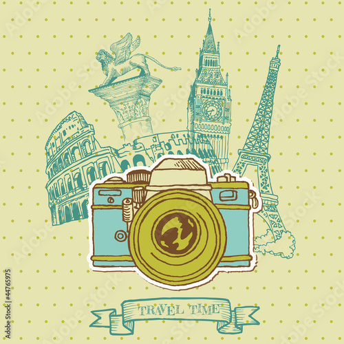 Lovely Card - Vintage Camera with Europe Architecture -in vector